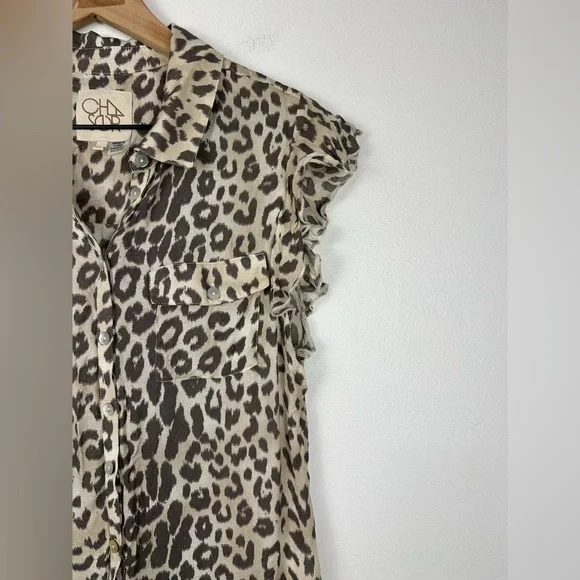 CHASER Animal Print Button Up Ruffle Sleeves Lightweight Spring Women’s Sz M - Picture 4 of 6